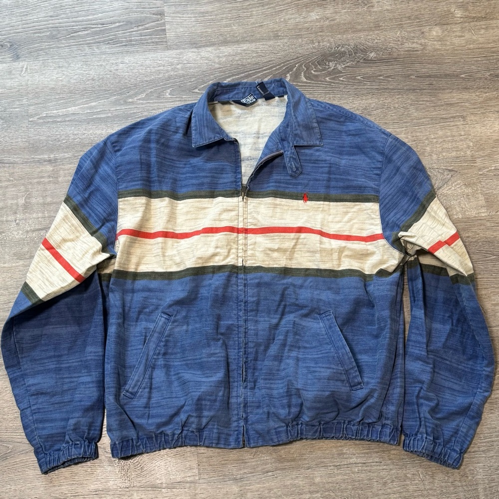 Polo Ralph Lauren Vintage XL Blue White Striped Harrington Zip Jacket rare